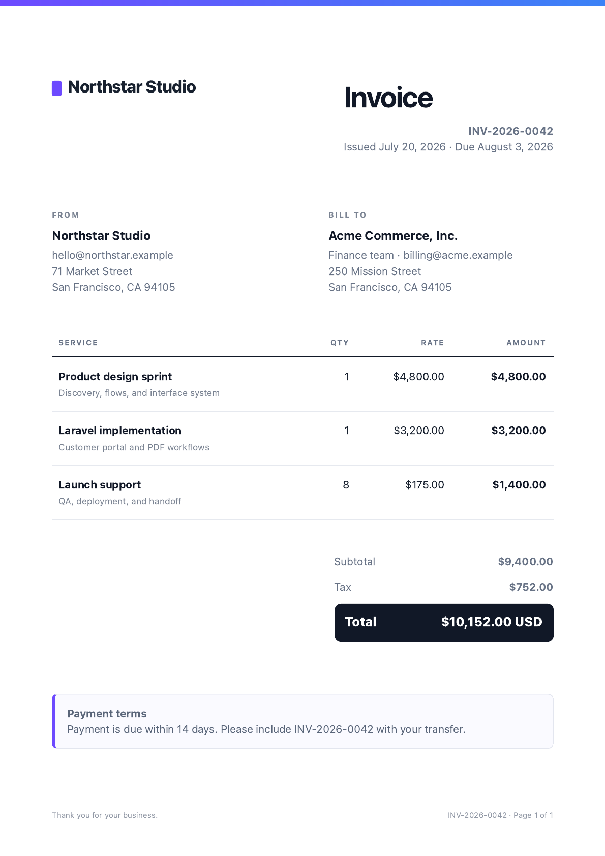 Rendered invoice example