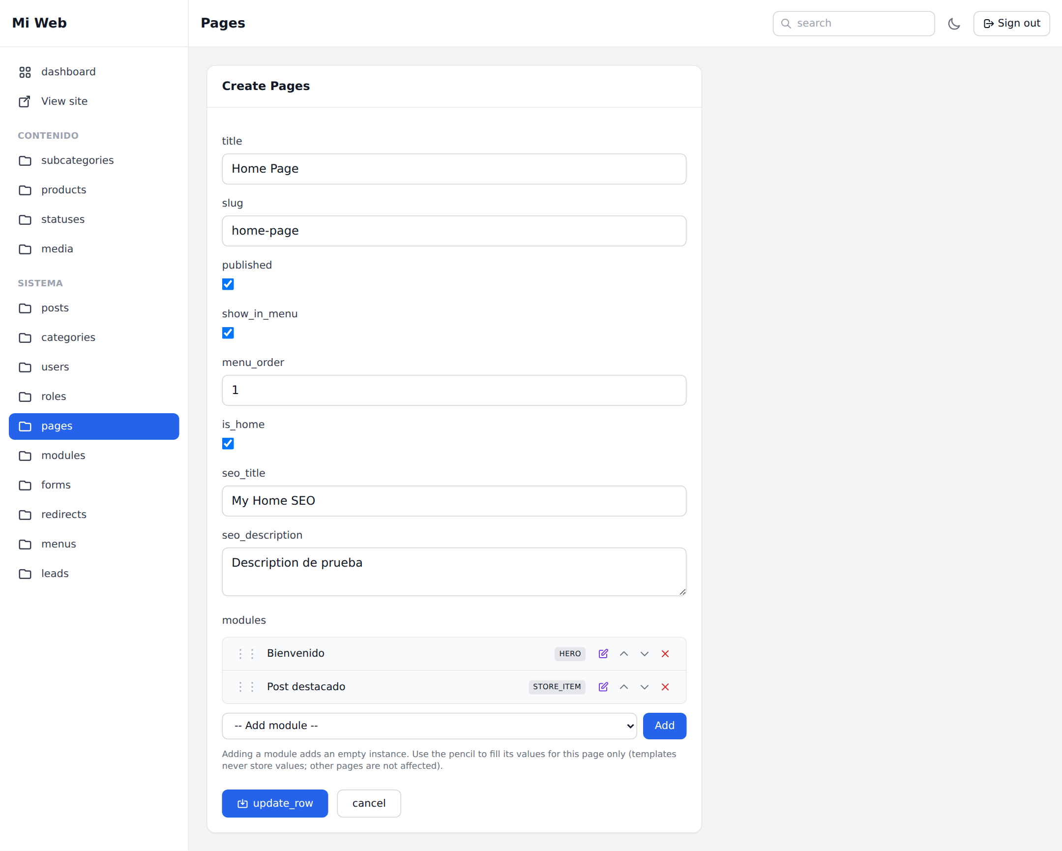 Page edit with module instances