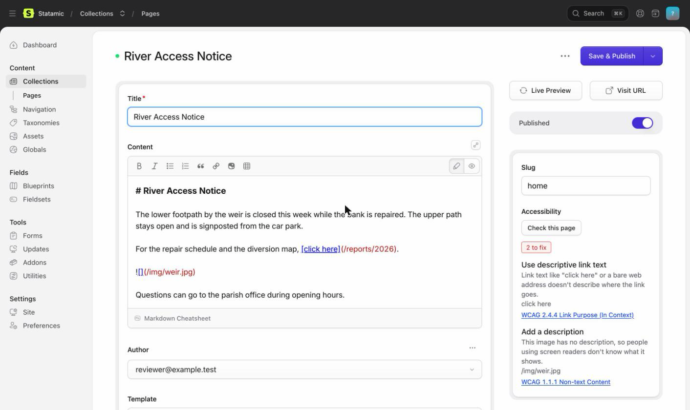 The Accessibility panel in an entry's sidebar, showing a "2 to fix" badge over two findings: "Use descriptive link text" and "Add a description", each with a plain-language explanation and a WCAG link.