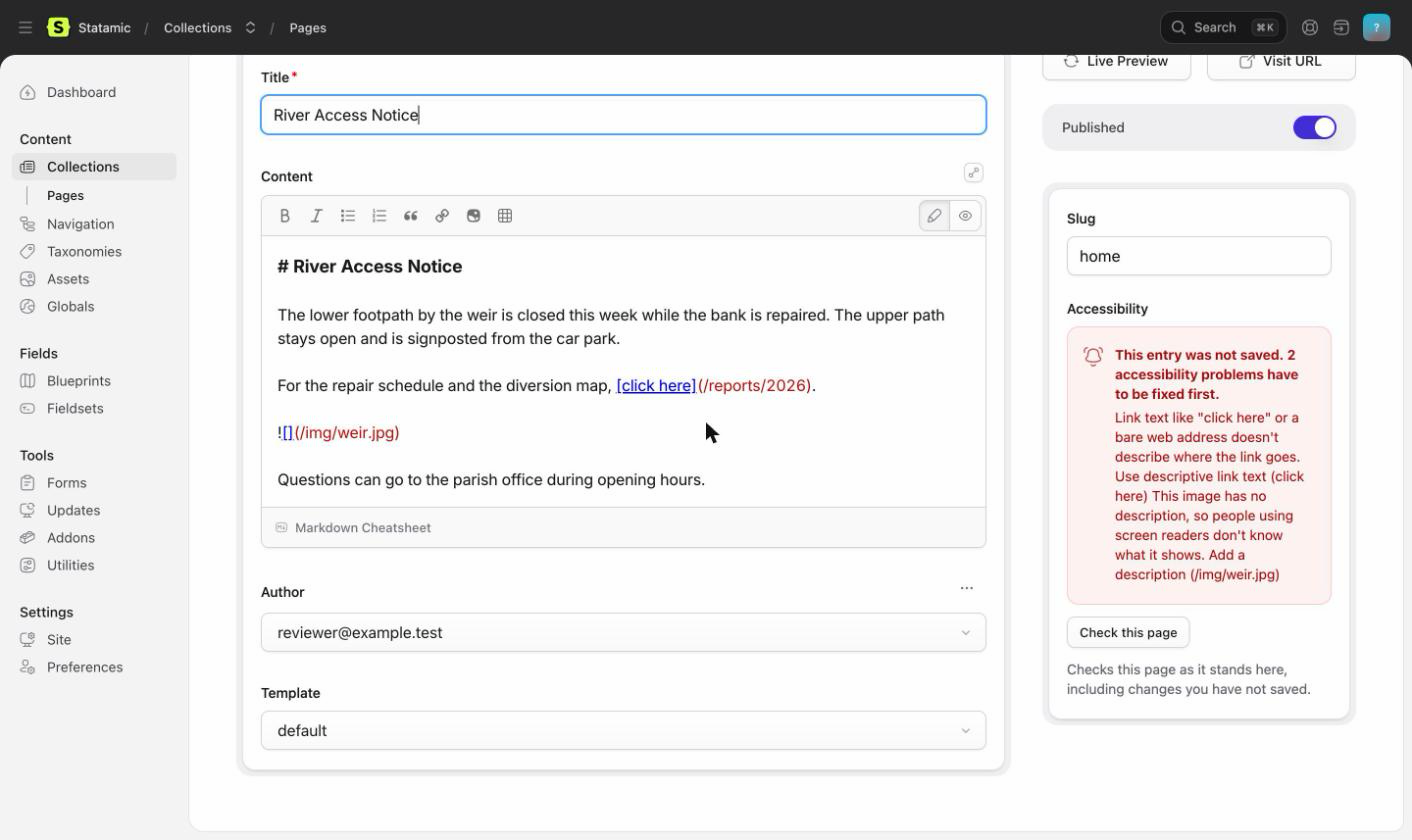 A refused Save & Publish. The Accessibility panel shows a red alert reading "This entry was not saved. 2 accessibility problems have to be fixed first", followed by the problems in plain language.