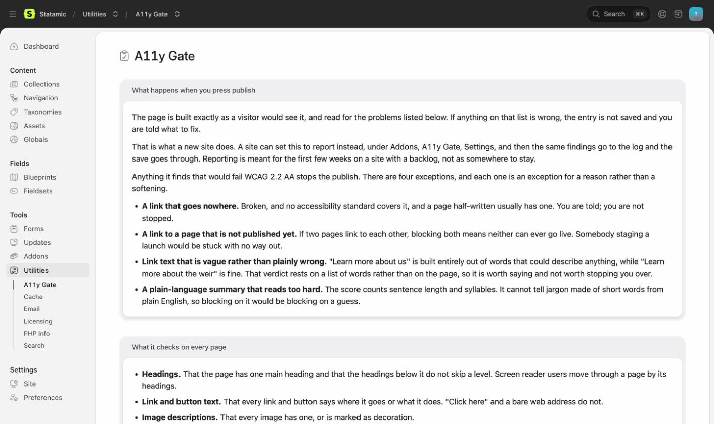 The A11y Gate utility page under Tools, explaining what happens on publish, the four exceptions that warn rather than refuse, and what the gate checks on every page.