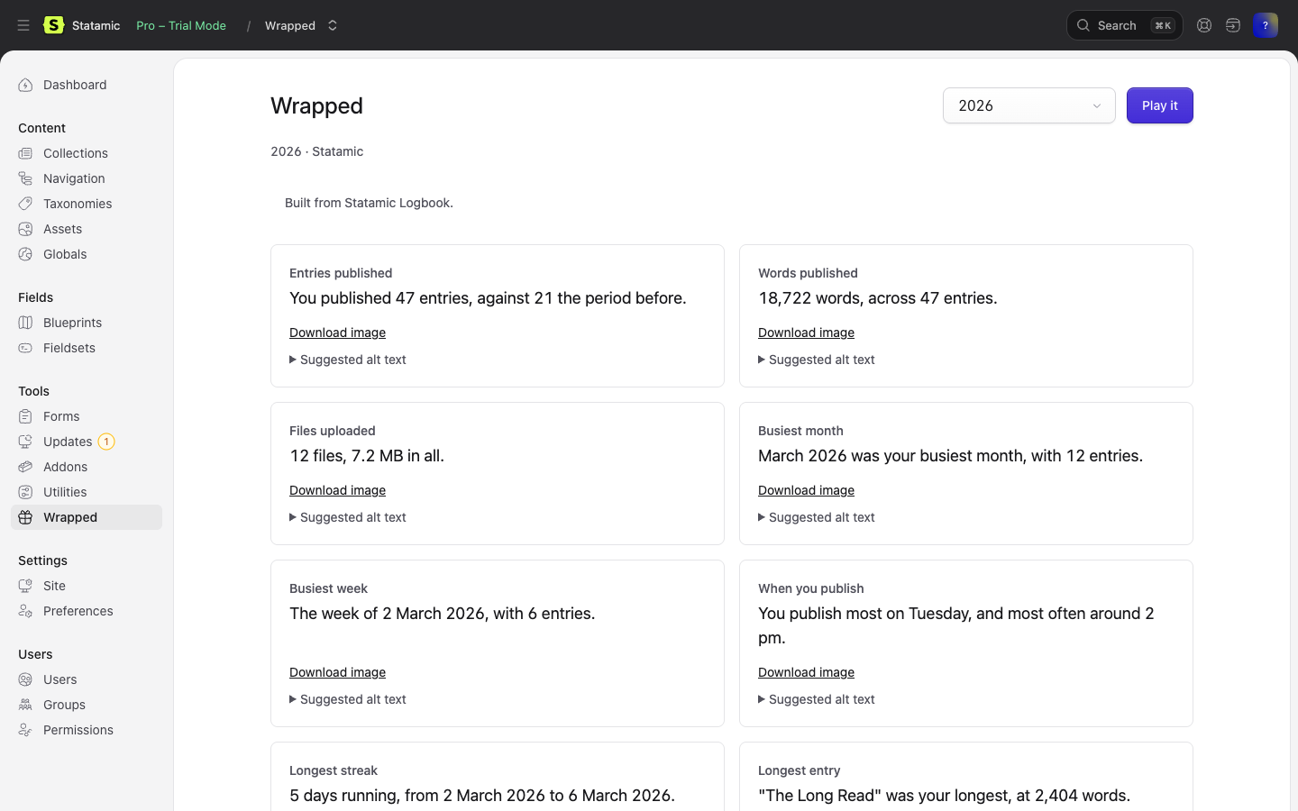 The Wrapped screen in the Statamic control panel