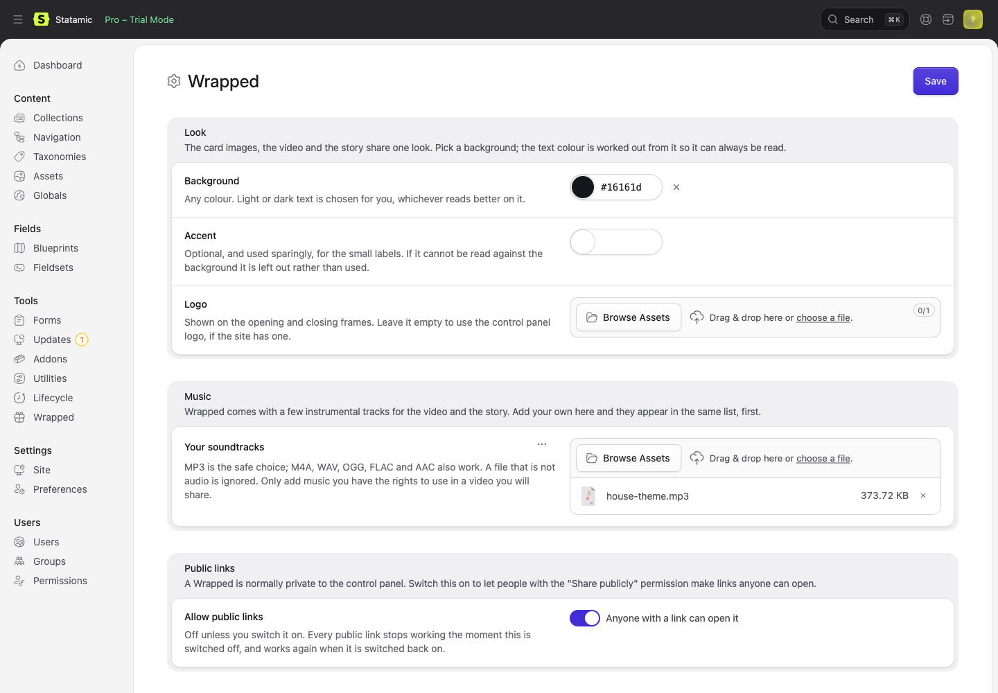 The settings screen: look, your soundtracks, and the public-links switch