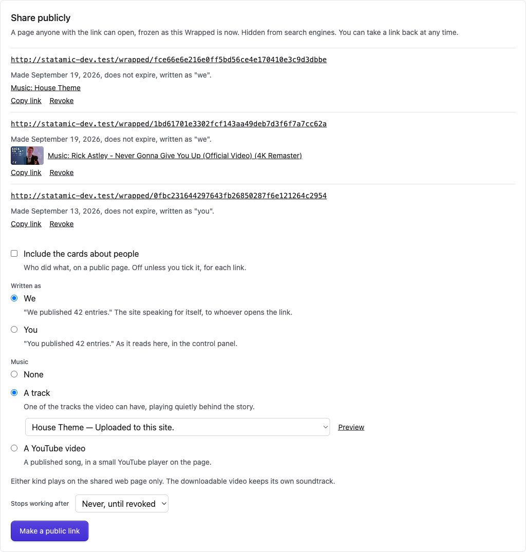 The Share publicly panel: live links, the voice, the music choice