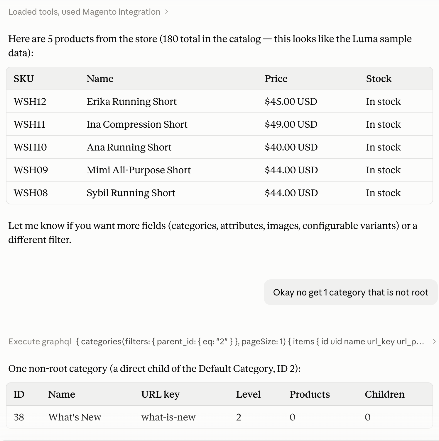 Claude using the connector to query products and categories