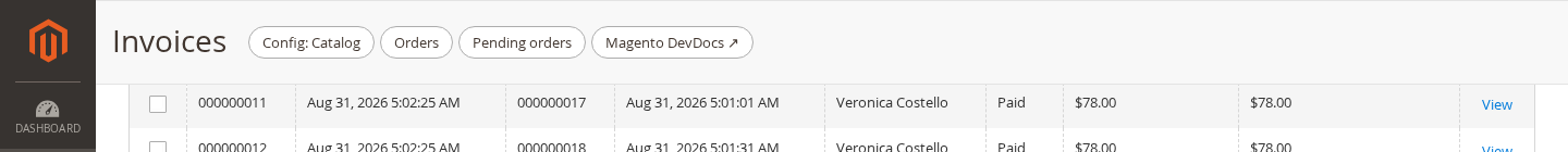 The quick-links bar on a page without an action bar (Sales → Invoices)