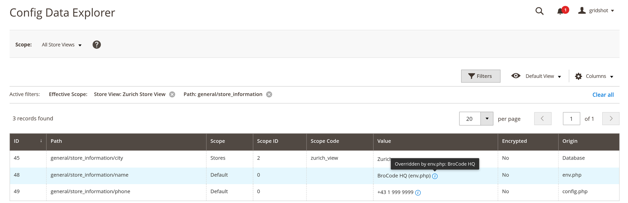 Config Data Explorer grid showing three rows under general/store_information: a store-view override with Origin Database, and two default-scope rows with Origin env.php and config.php, one with its origin hint open
