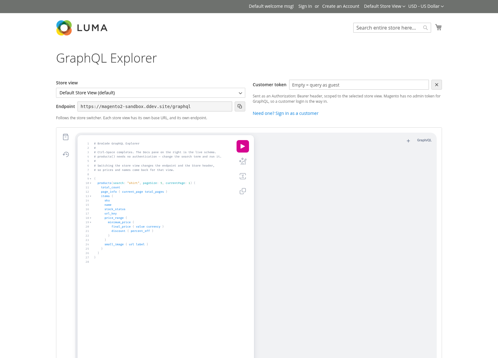 The public explorer at /graphql-explorer rendered in the Luma theme