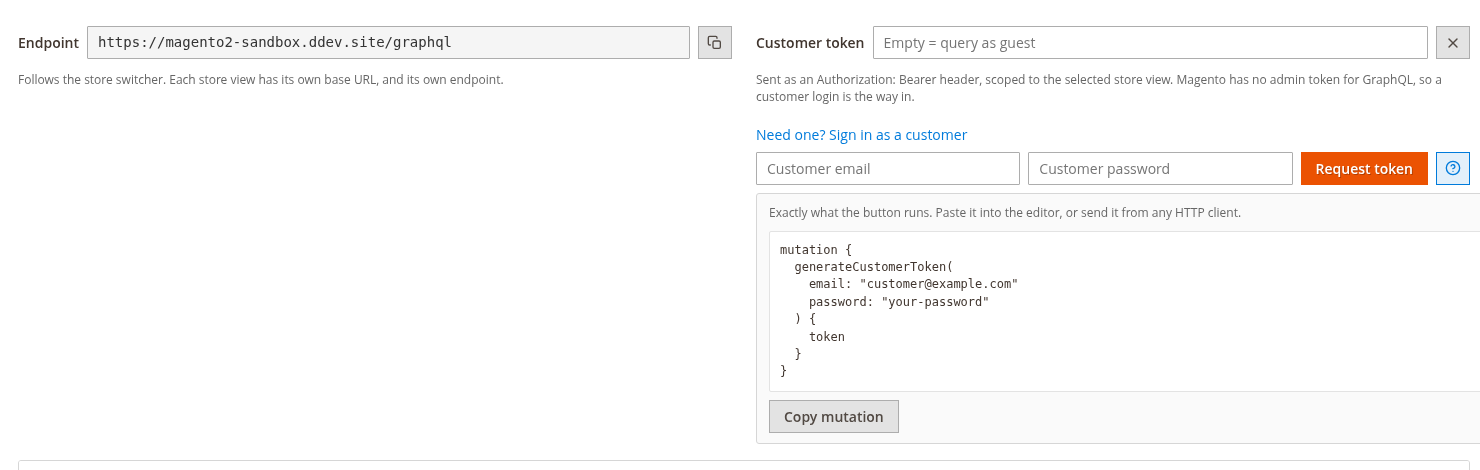The customer token area with an inline sign-in form and a help panel showing the generateCustomerToken mutation