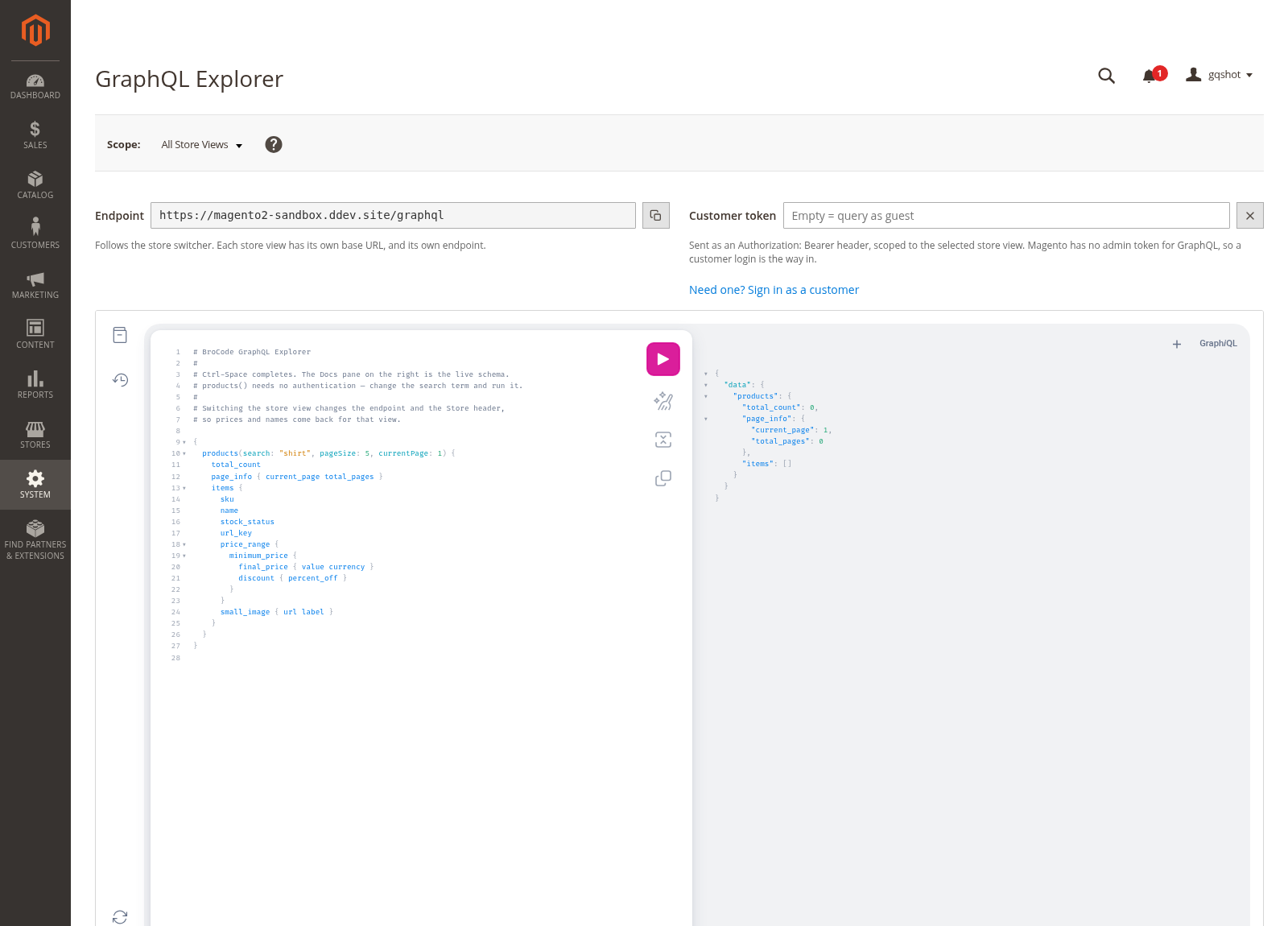 GraphQL Explorer in the Magento admin