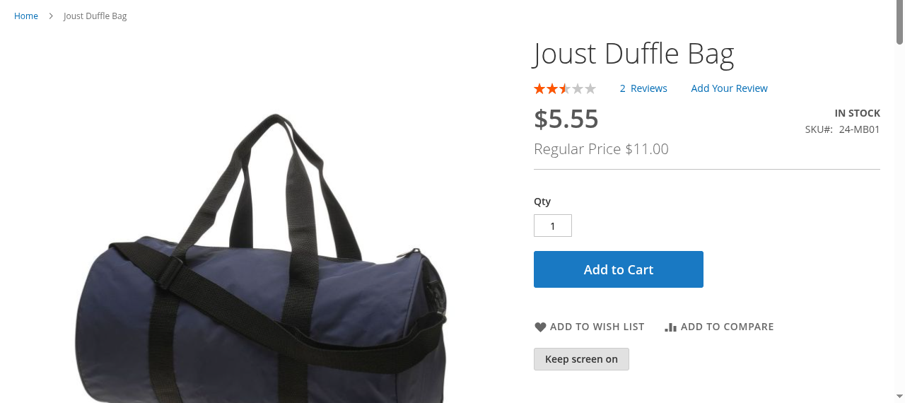 The "Keep screen on" button on a Luma product page