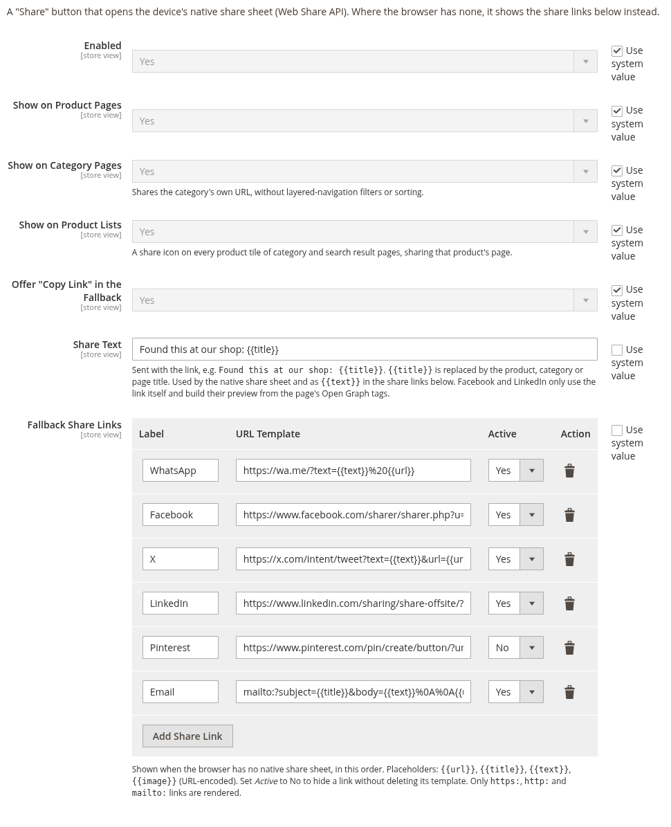 The Web Share settings: placement switches, share text, and the share-link rows with their Active column
