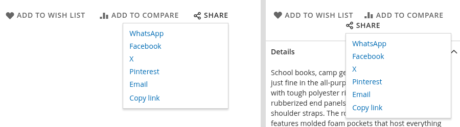 The Share action next to "Add to Wish List" and "Add to Compare", with the fallback panel open on desktop and mobile