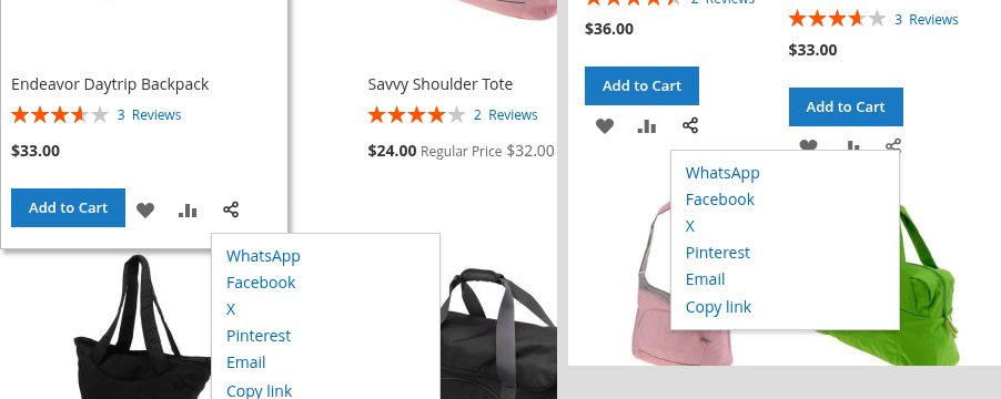 The share icon next to wishlist and compare on product tiles, with the panel open on desktop and mobile