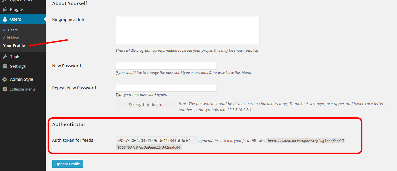 Screenshot of Auth token for feeds is displayed on the users profile settings page