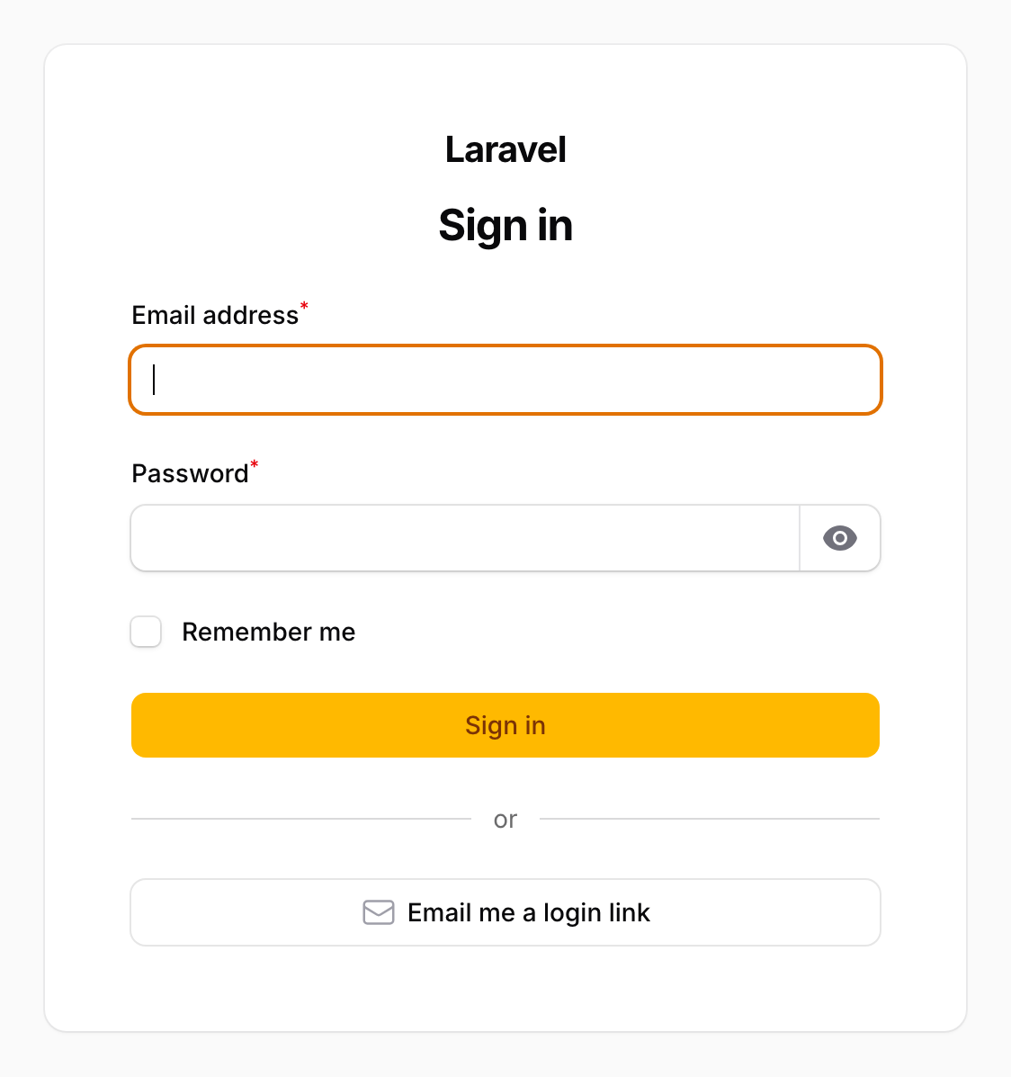 Filament login form with an 'or' rule and an 'Email me a login link' button under the Sign in button