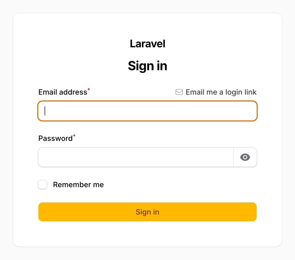Filament login form with an 'Email me a login link' hint action on the email field