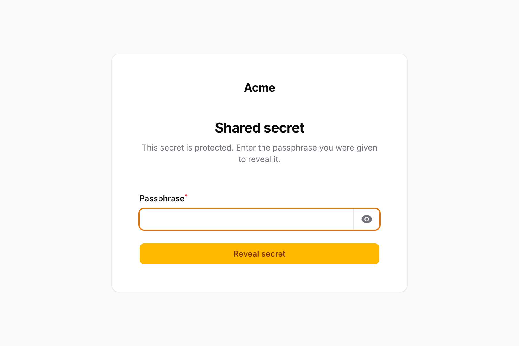 The reader page asking for a passphrase
