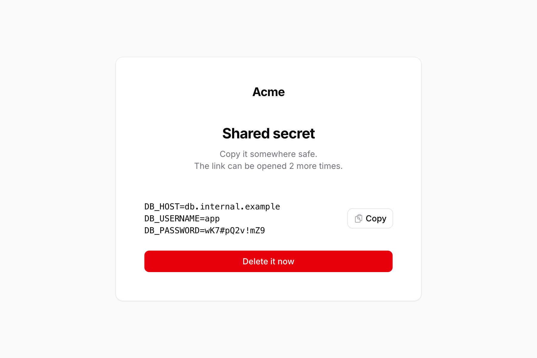 The revealed secret with a copy button and a delete button