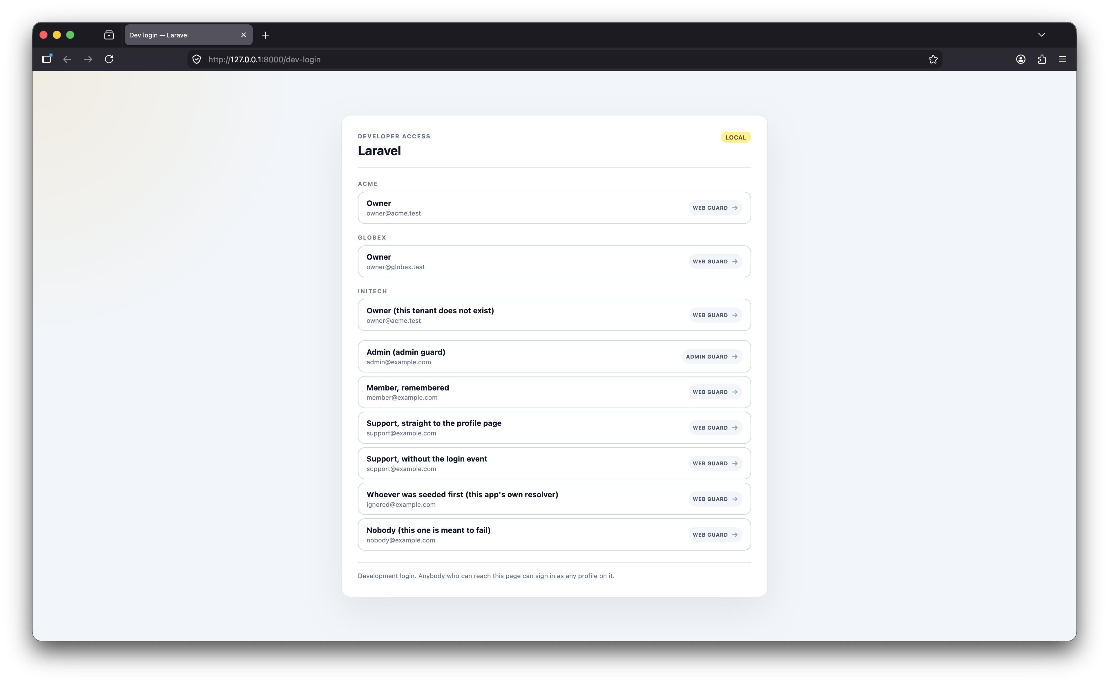 The default dev-login page listing profiles grouped by tenant, each with a guard button