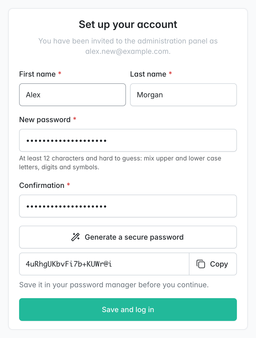 Account setup page with a generated password