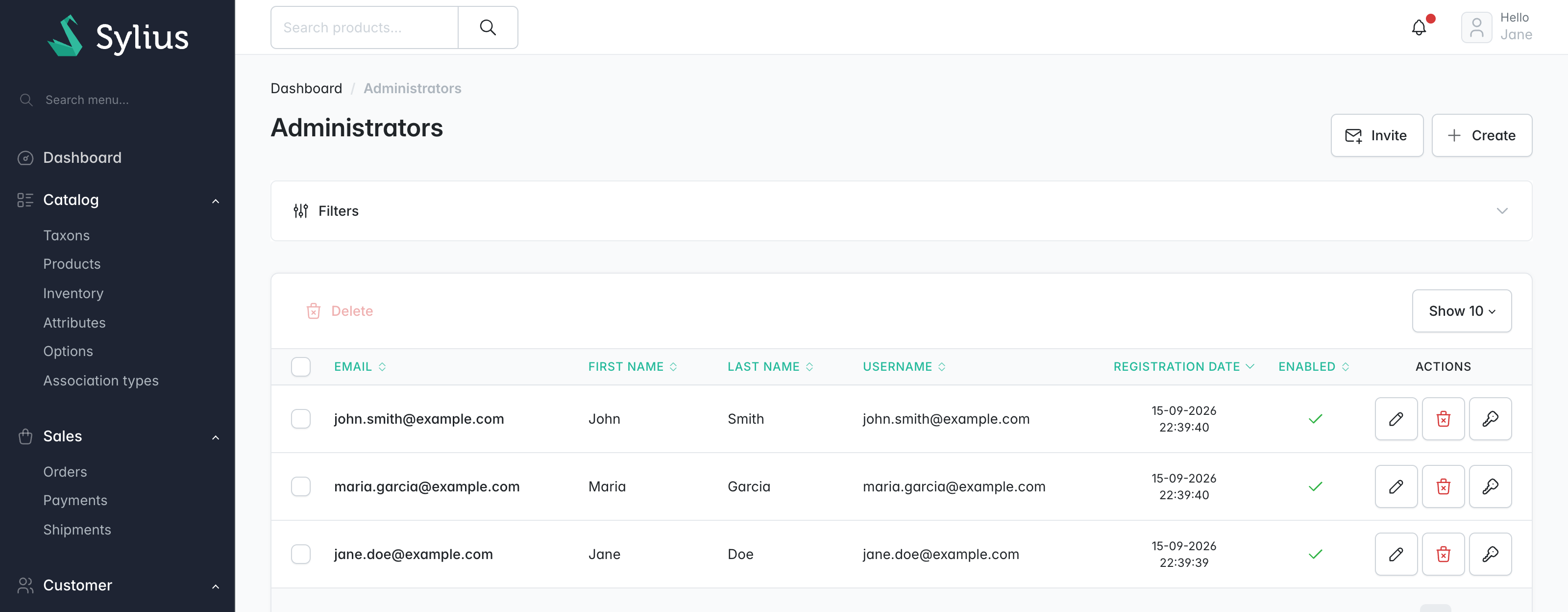 Administrators grid with the Invite button