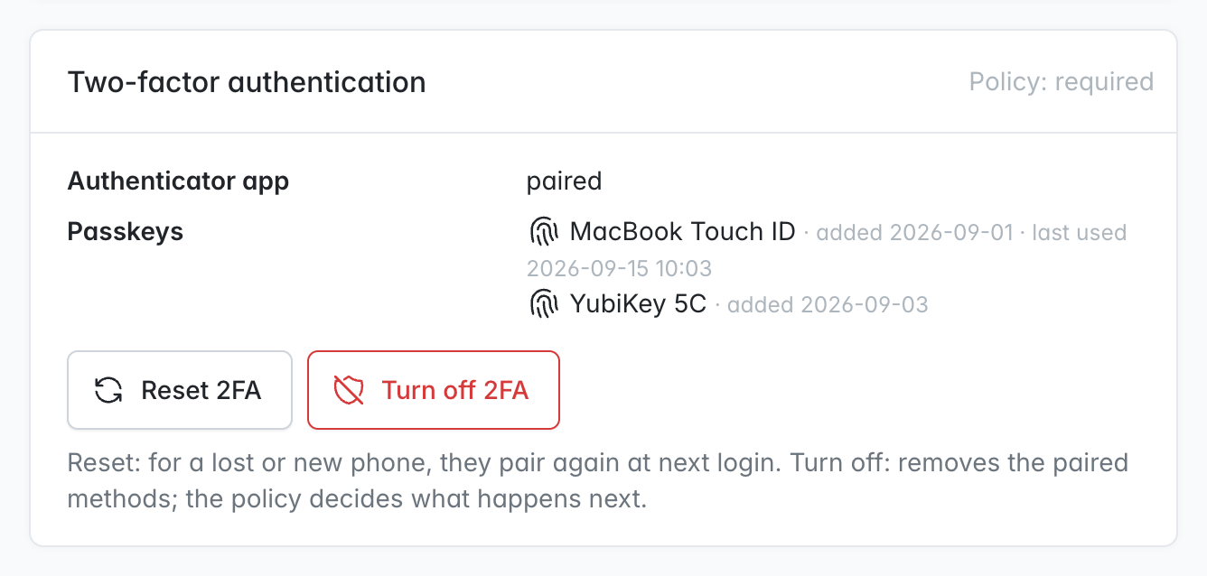 Two-factor authentication card on the administrator page