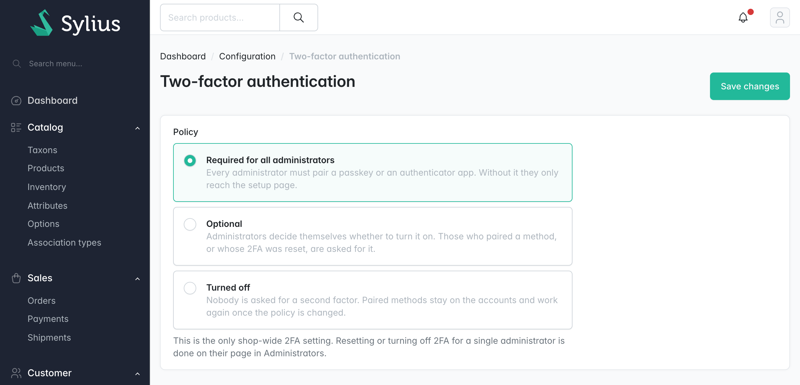 Two-factor authentication policy page