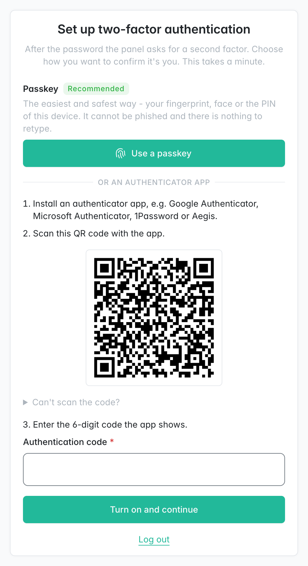 Two-factor setup page