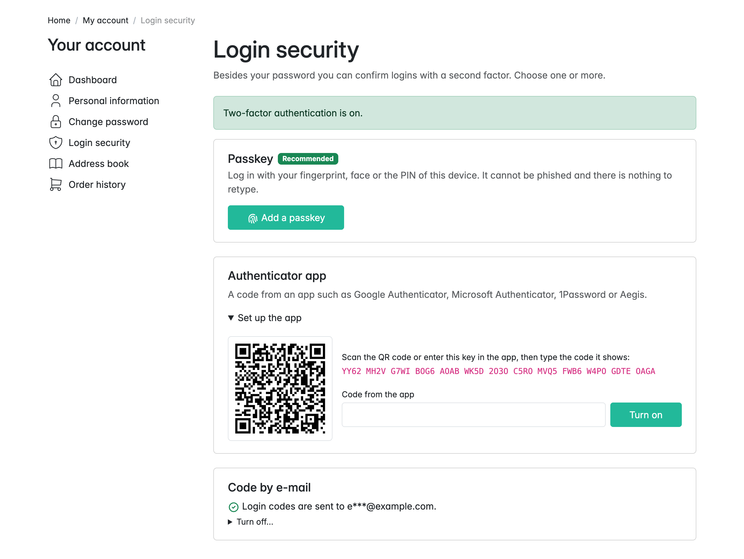 Login security page in the customer account