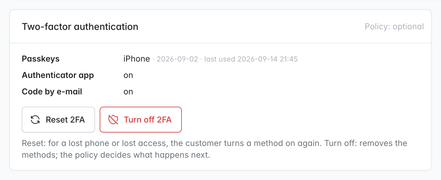 Two-factor authentication card on the customer page