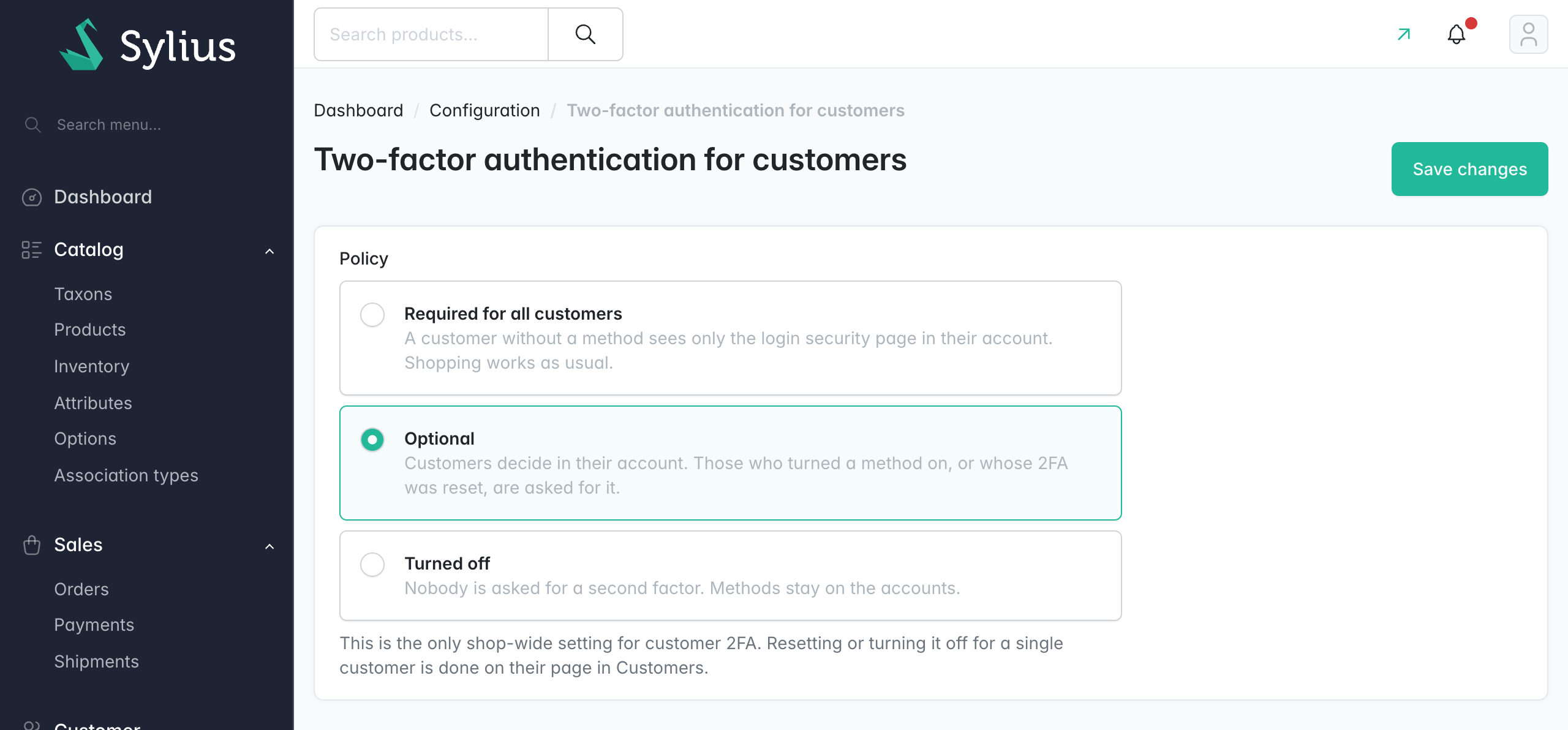Customer two-factor authentication policy page
