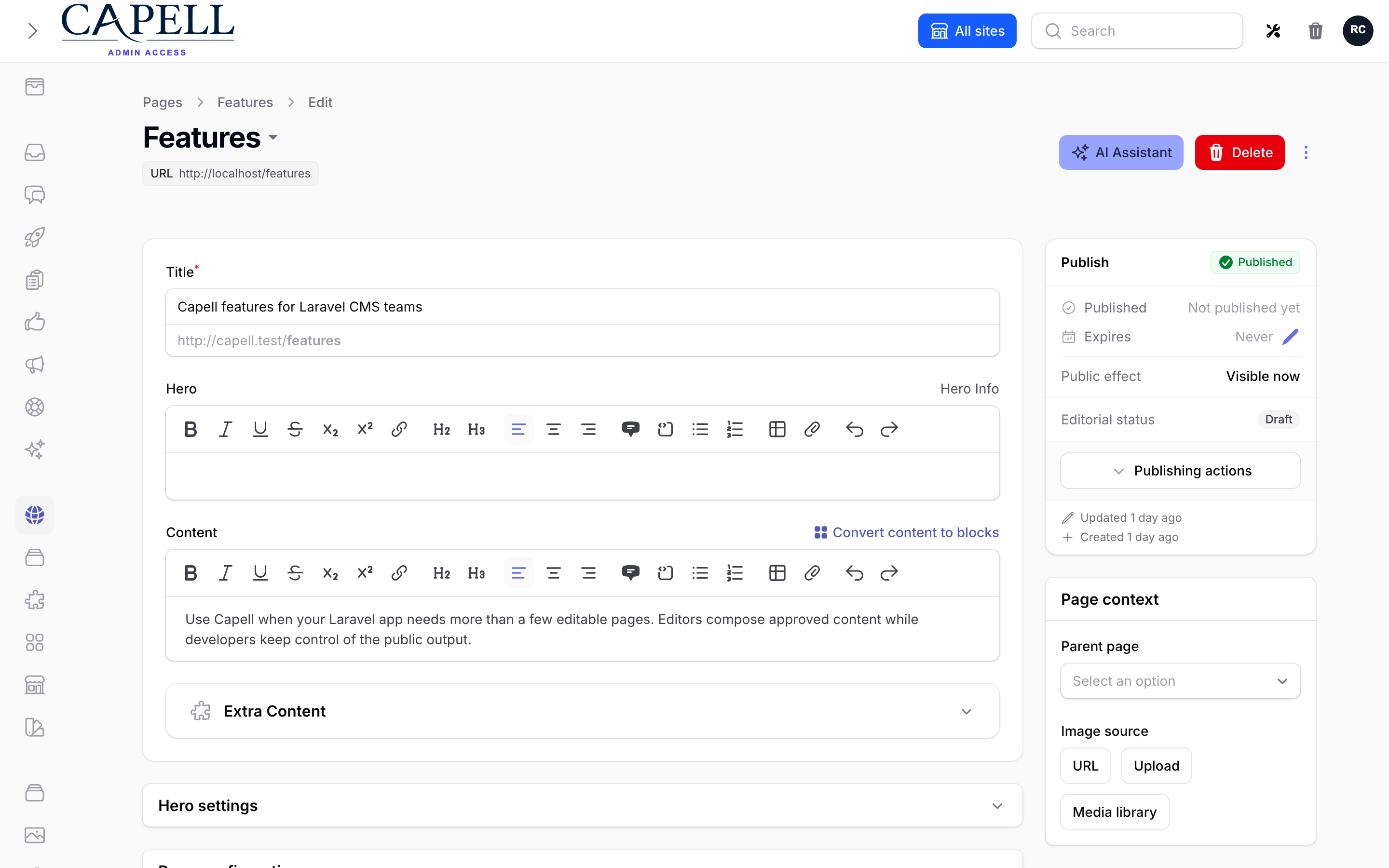 Capell page editor with real page content, publishing state, and AI assistant
