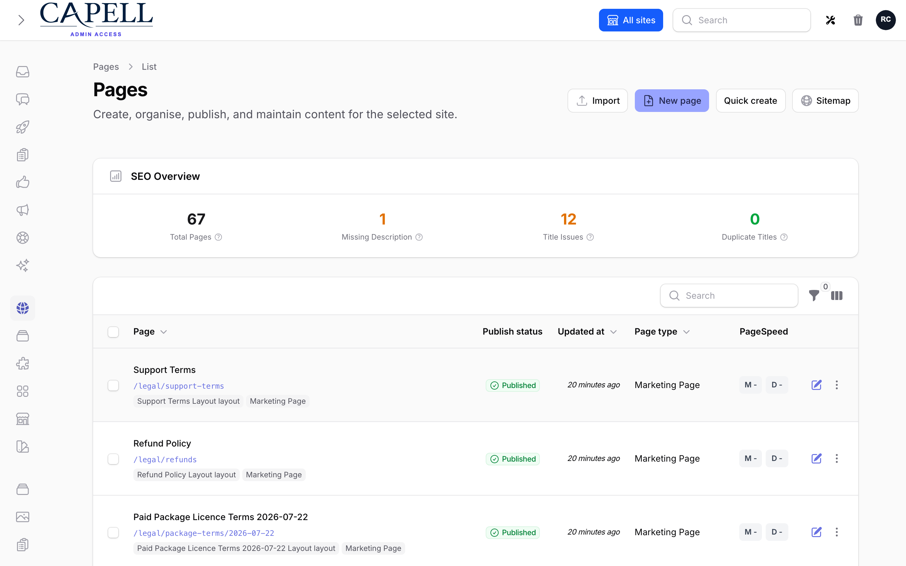 Capell Pages list showing real published pages with publish states, layouts, and SEO overview