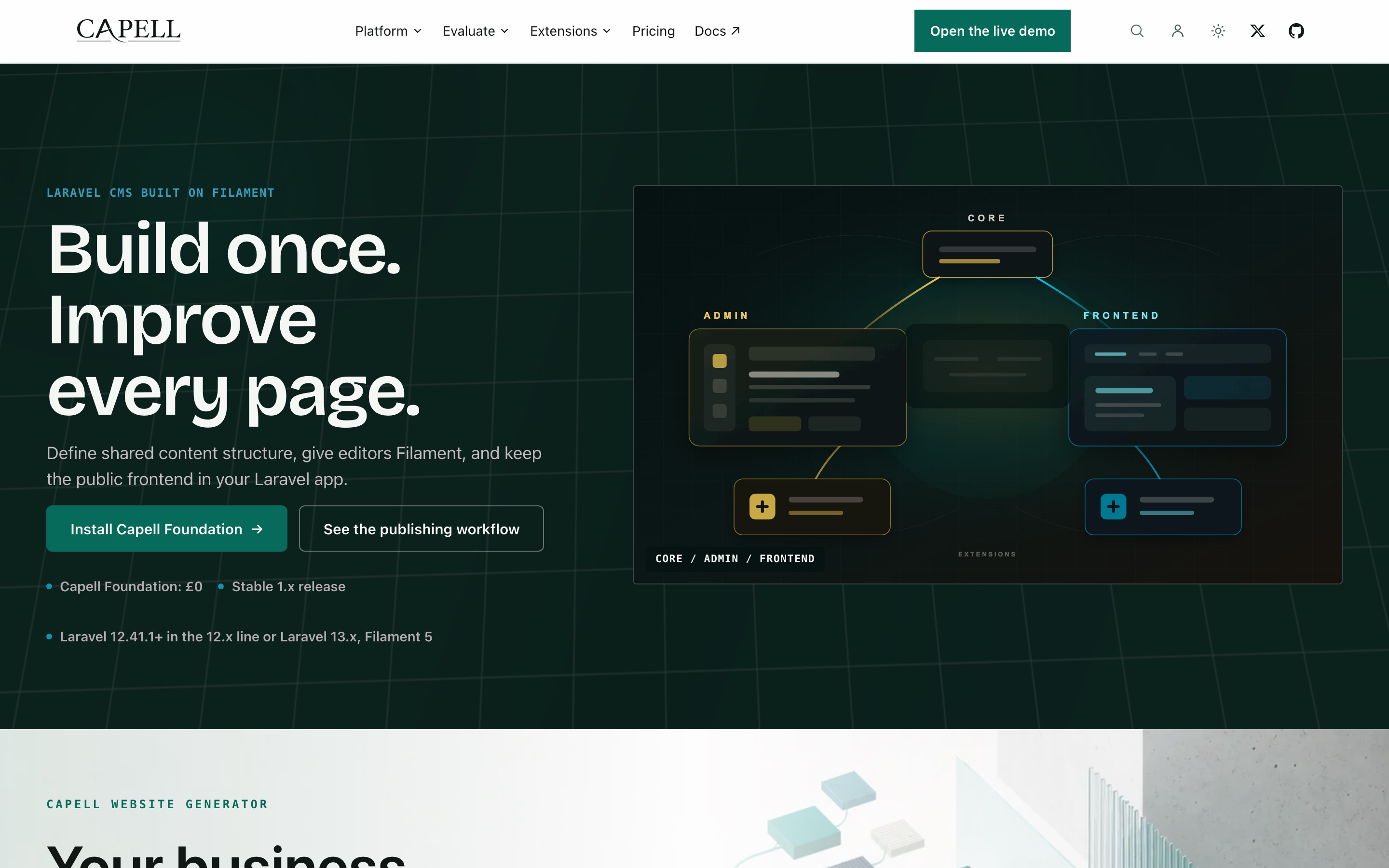 The capell.app public homepage rendered by the Capell frontend