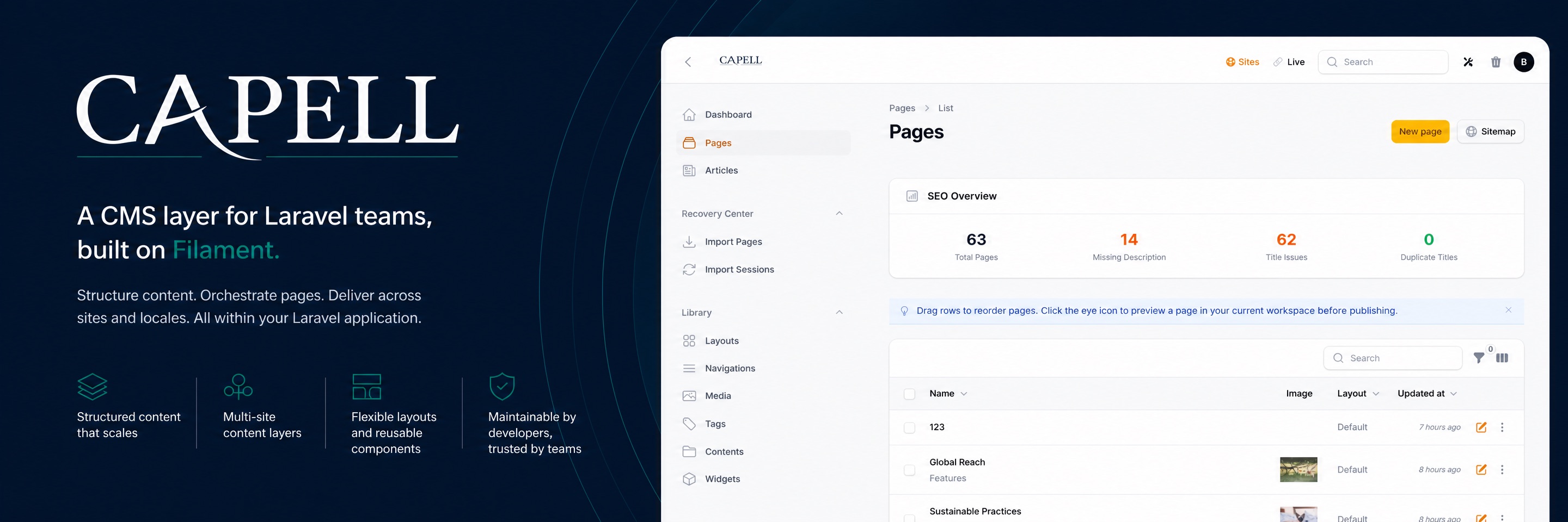 Capell CMS banner showing the Pages admin surface