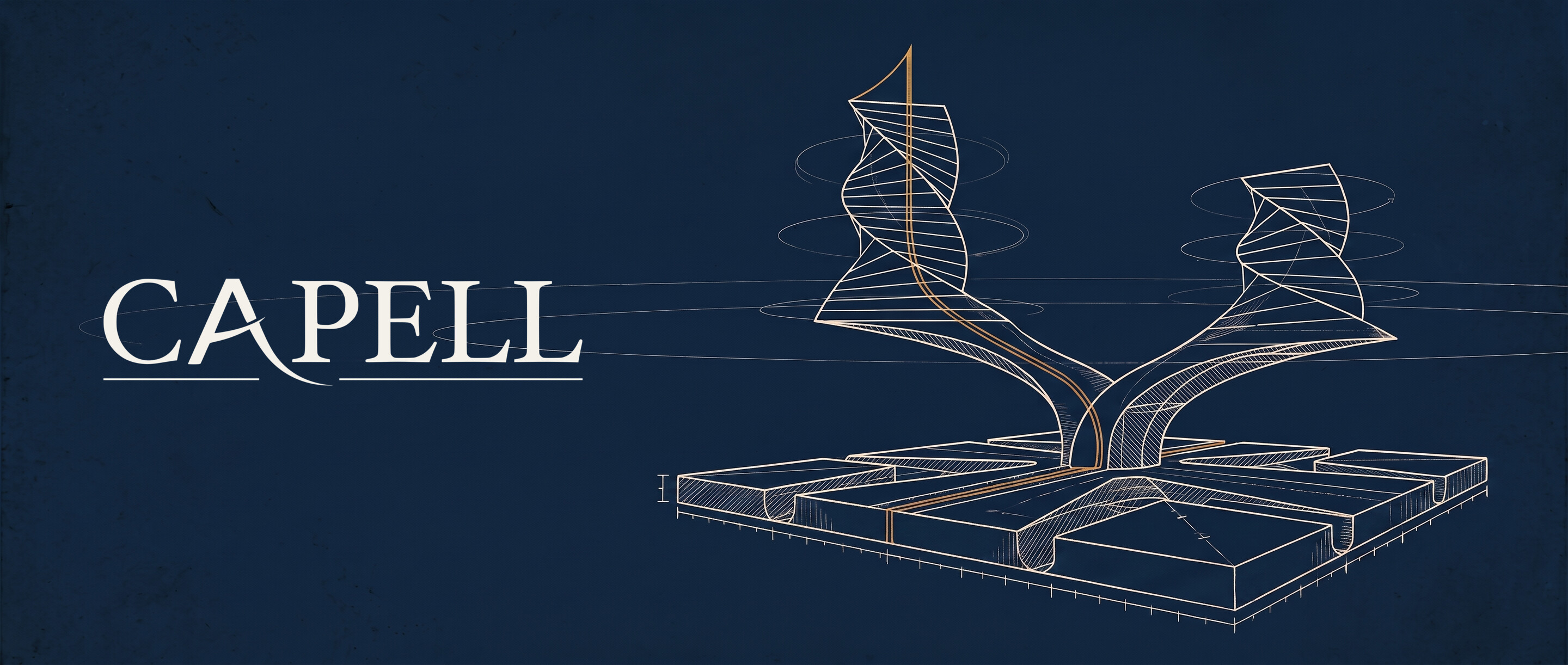 Fine-line engraved blueprint on deep navy showing Capell's foundation feeding two branching structures, with the Capell wordmark on the left