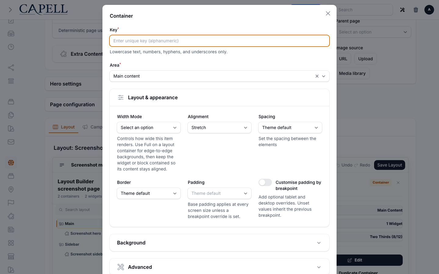 Layout Builder add container action