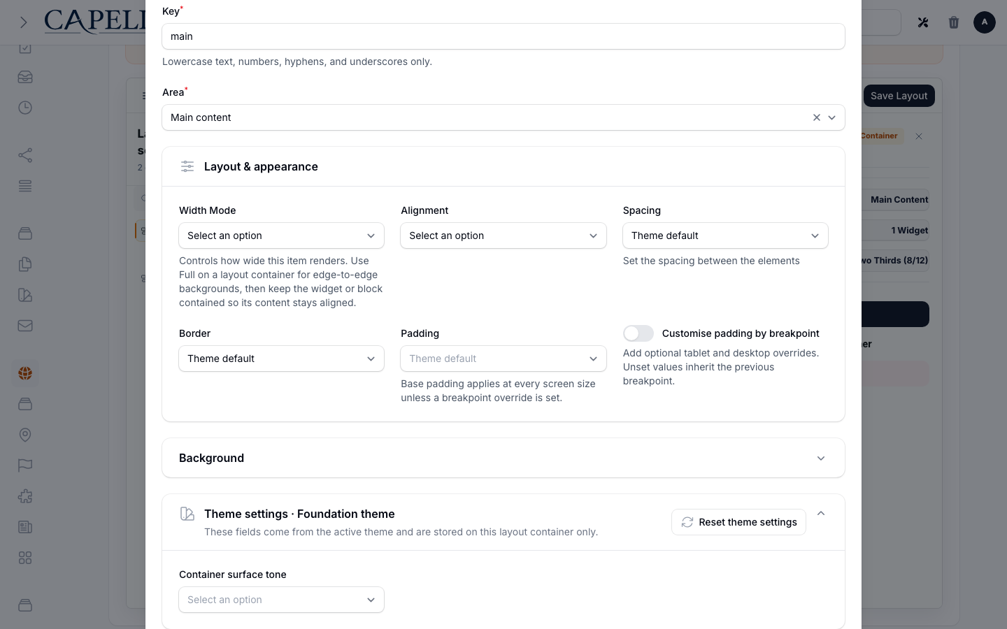 Layout Builder active-theme container settings
