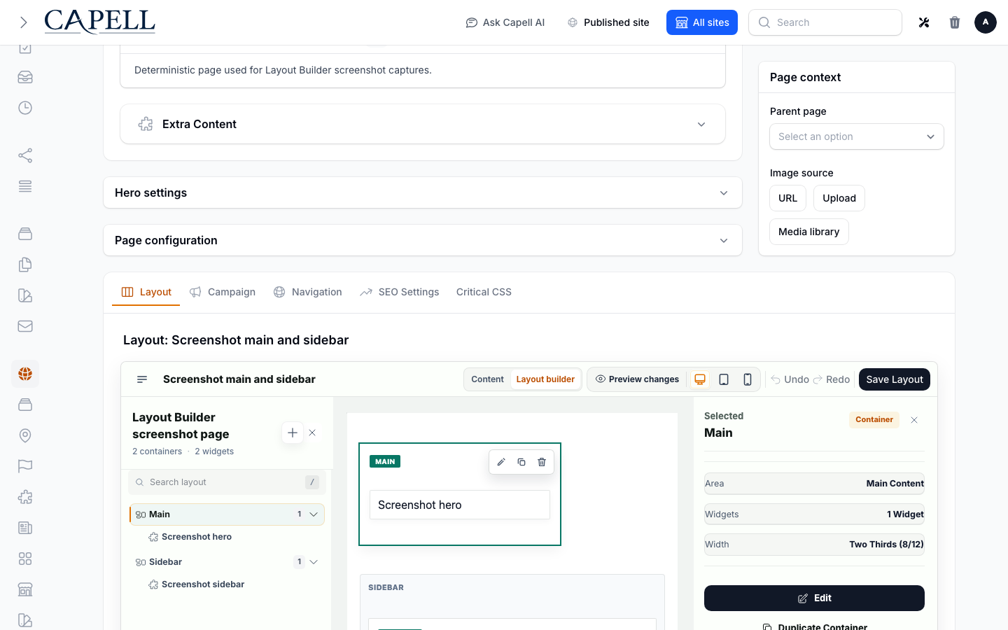 Layout Builder visual editor with main and sidebar containers