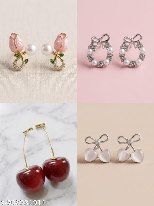 Stylish Earrings Combo Pack of 4 for Women | Cute Floral, Pearl, Bow & Cherry Design Studs | Trendy Fashion Jewelry Set