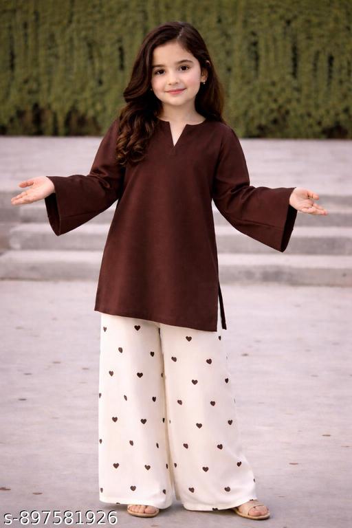 Girls Brown Kurti Palazzo Set | Solid Kurti with Printed Palazzo Pants | Stylish Kids Ethnic Wear - Chappale