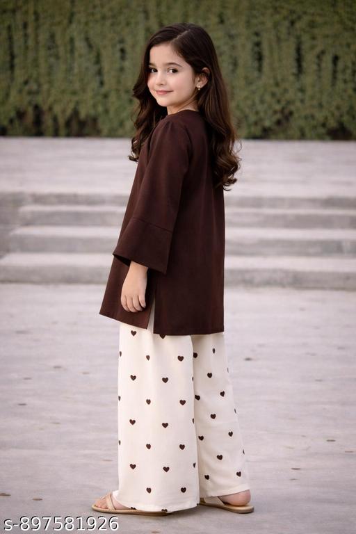 Girls Brown Kurti Palazzo Set | Solid Kurti with Printed Palazzo Pants | Stylish Kids Ethnic Wear - Chappale