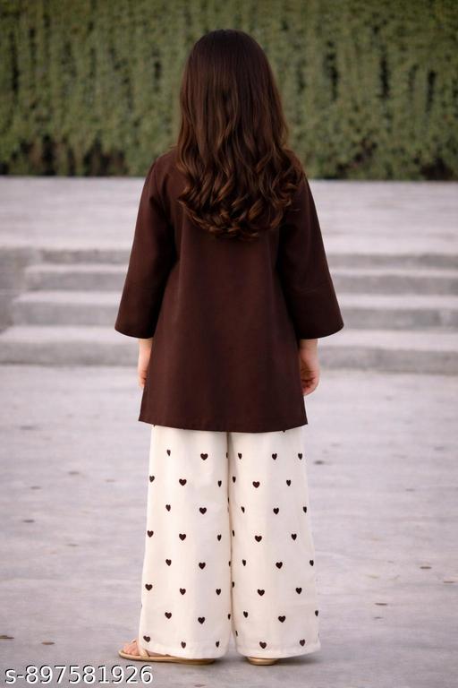 Girls Brown Kurti Palazzo Set | Solid Kurti with Printed Palazzo Pants | Stylish Kids Ethnic Wear - Chappale