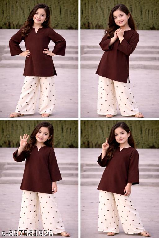 Girls Brown Kurti Palazzo Set | Solid Kurti with Printed Palazzo Pants | Stylish Kids Ethnic Wear - Chappale