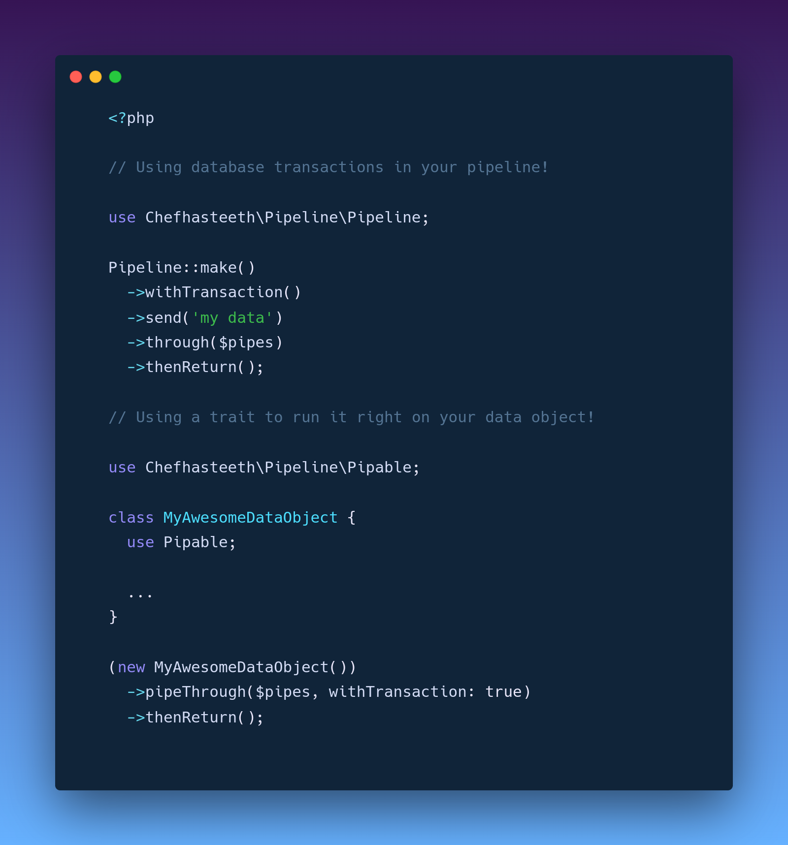 Example code showcasing the Pipeline package using the with transaction method and the pipable trait