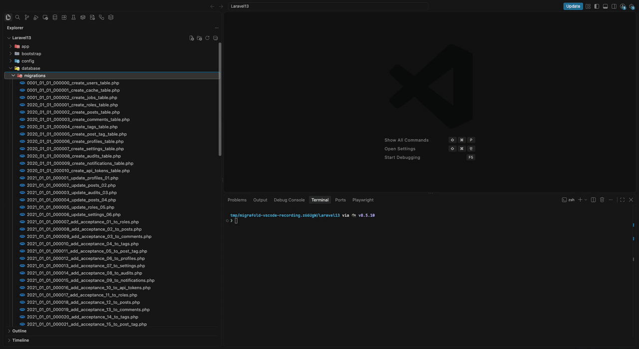 Animated VS Code demo showing Laravel, Moduark, and nWidart migration compaction