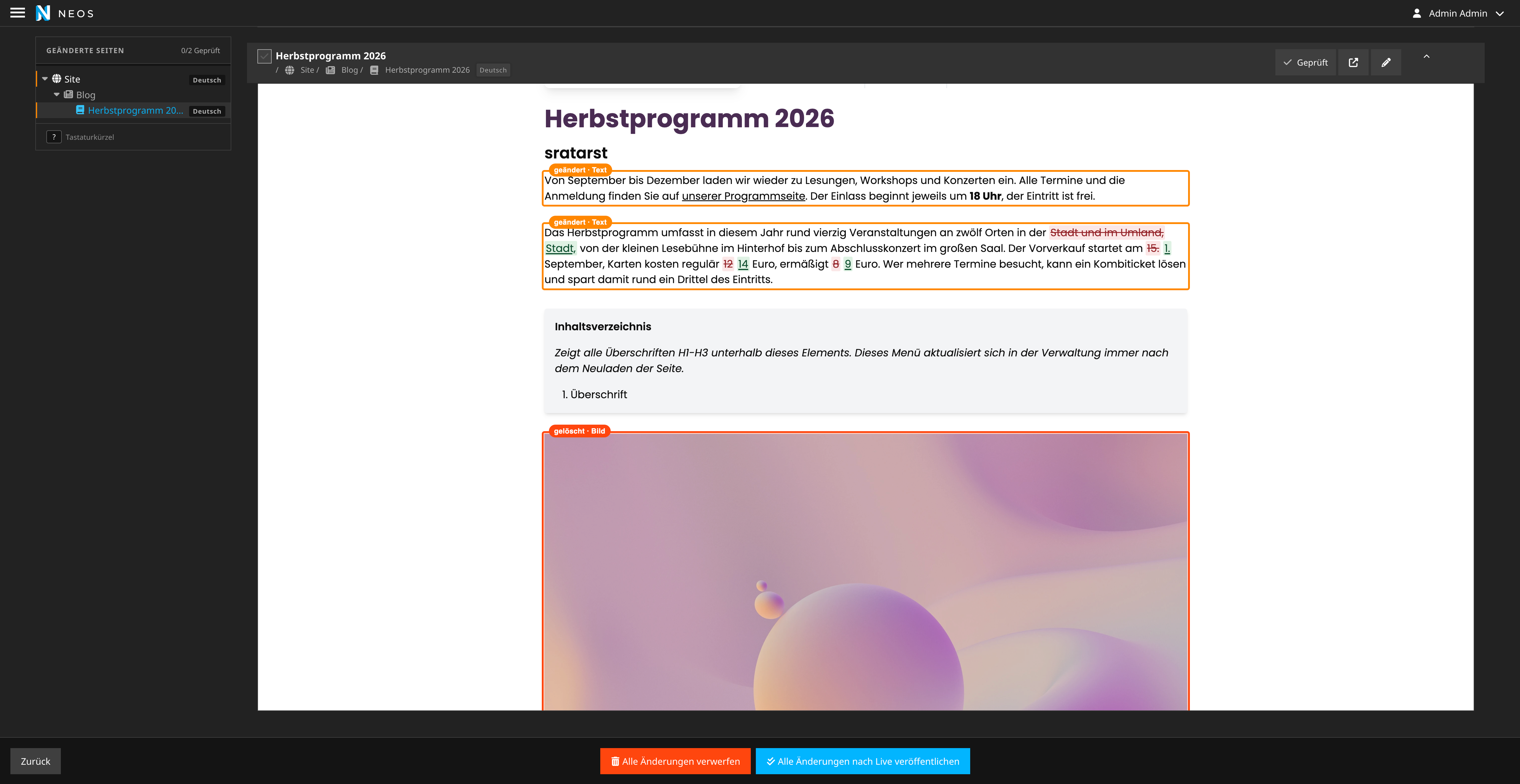 Visual compare of Herbstprogramm 2026 with page navigation, orange change markers, inline word differences and a deleted image marked in red