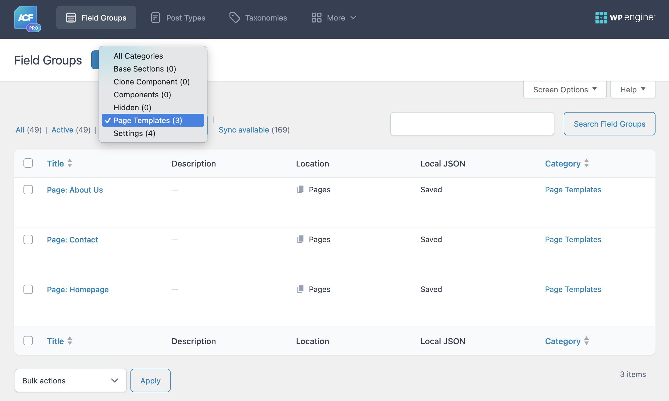 Filter and view field groups by category