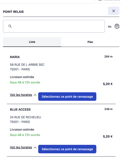 List of available Colissimo pick-up points